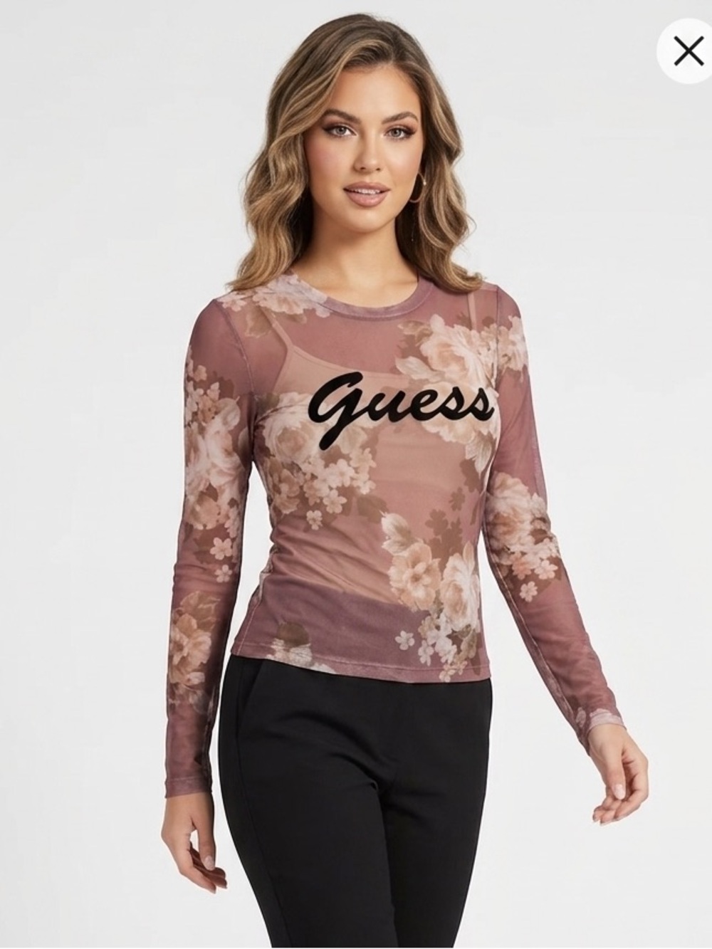 Guess Mauve Floral Sheer Mesh Long Sleeve with Black Velvet Script Logo Size XS
